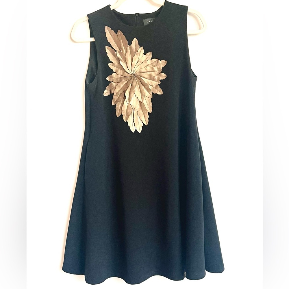 GRACIA Stretch Golden Floral Faux Leather sleeveless Dress Size Small - Picture 2 of 10